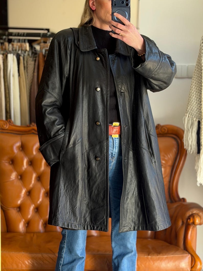 Vintage Black Leather Coat Minimalist Oversize Jacket Quiet Luxury 90s image 11