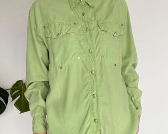 Vintage Versace Jeans Couture Shirt: Light Green Lyocell, Silver Medusa Buttons