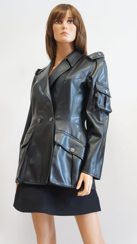 Thierry Mugler Black Motorcycle Trademark Faux Leather Top Blazer