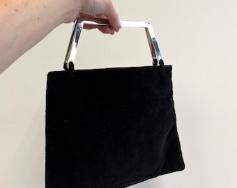 black suede leather purse metal handle bag, vintage black suede coctail event purse 70s