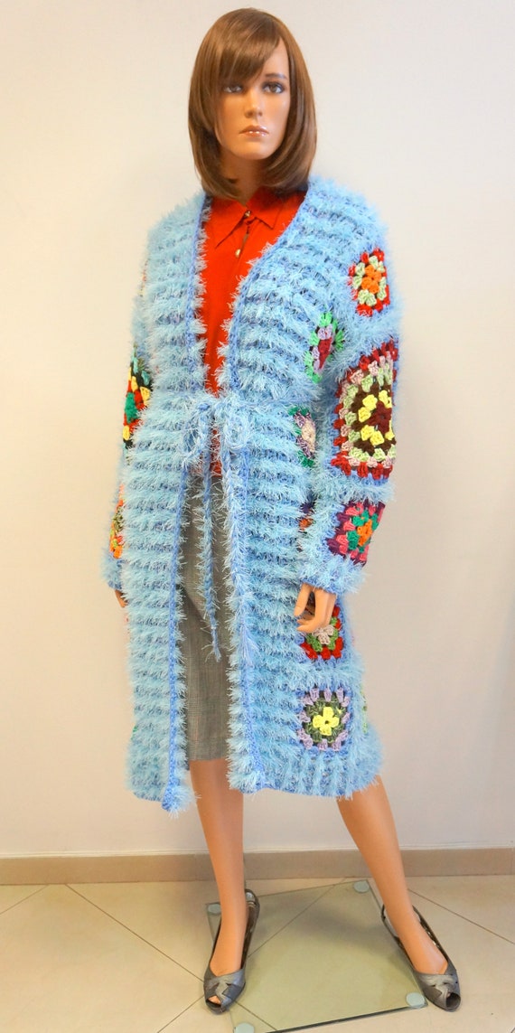 patchwork coat,blue multicolor patchwork long card