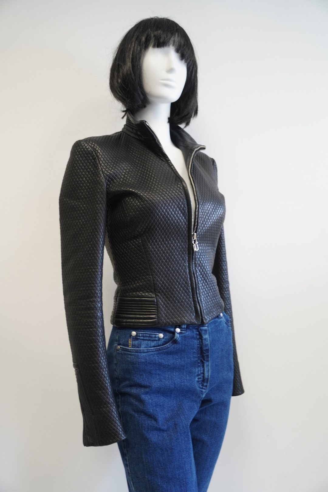 Gianni Versace Black Quilted Leather Jacket XS Vintage