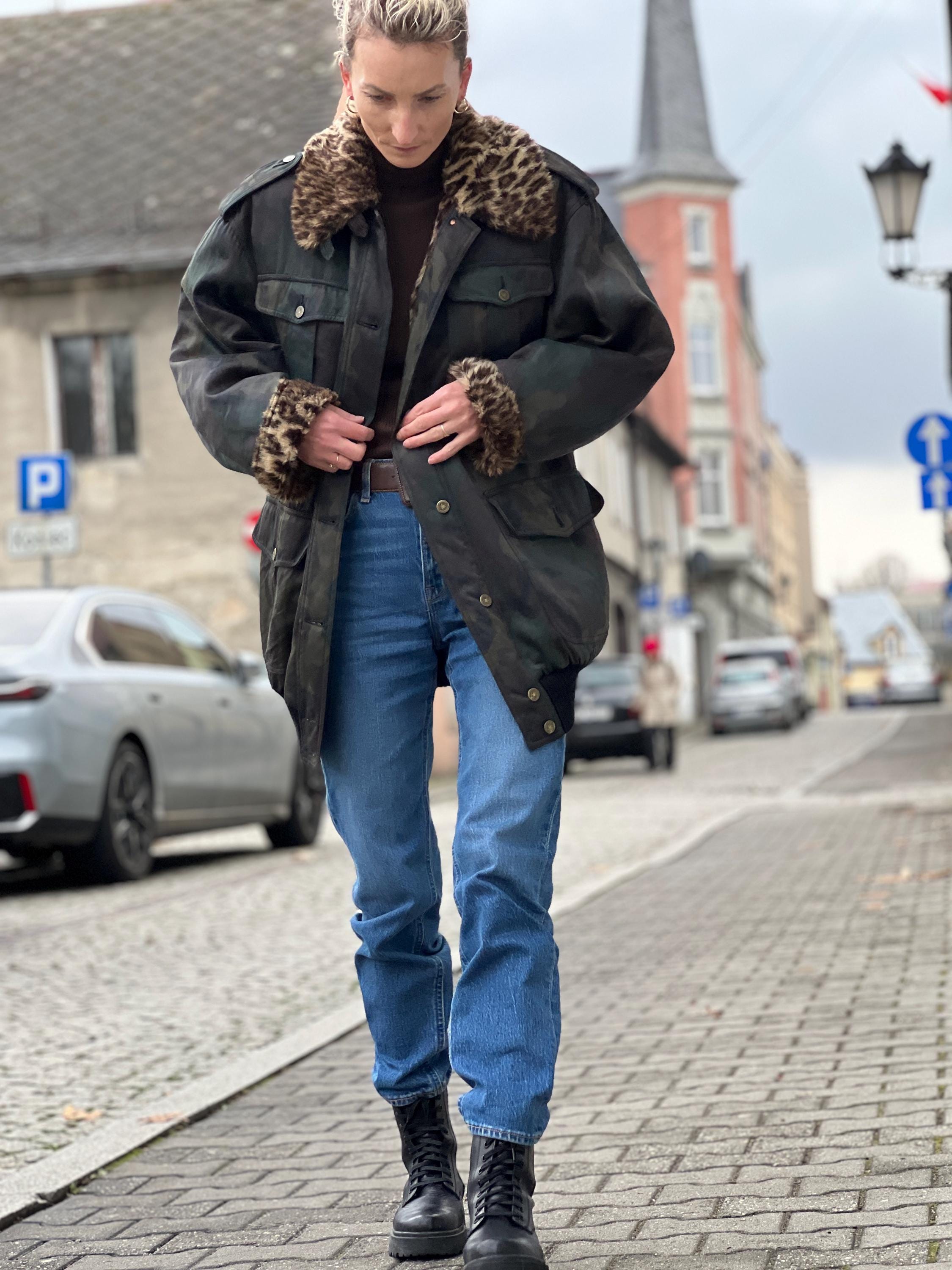 Vintage Moschino Camouflage Jacket: Faux Leopard Fur Lined