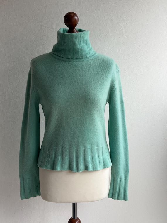 Versace, Vintage Gianni Versace Turquoise Turtleneck wool angora Sweater 1990s Back Button Made in Italy