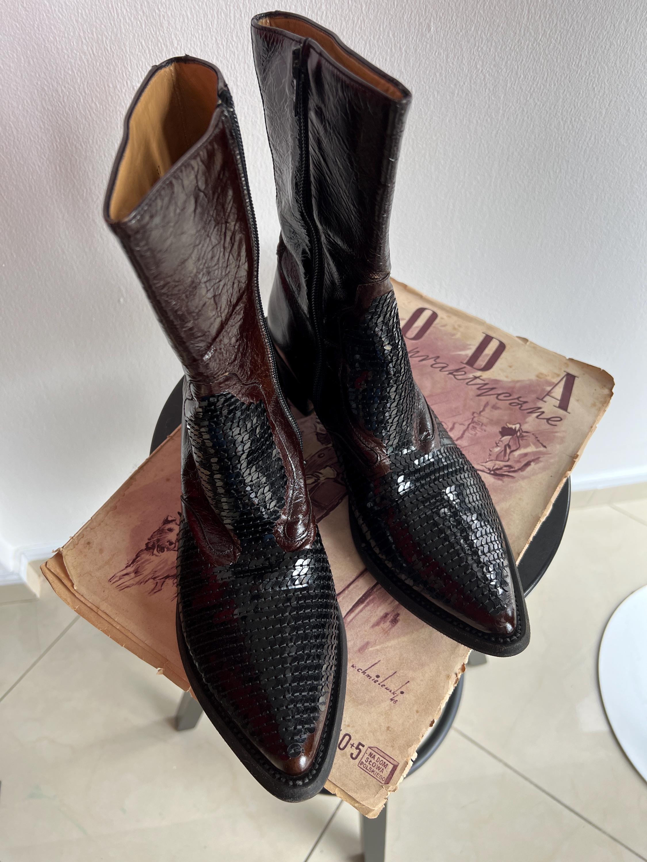 Vintage Gianni Barbato Cowboy Boots – Brown Patent Leather, Sequin