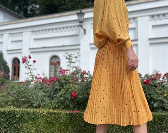 Midi Dress Kohls Yellow Dress Vintage Yellow Polka Dot Dress Set: Silk  Pleated Skirt Blouse