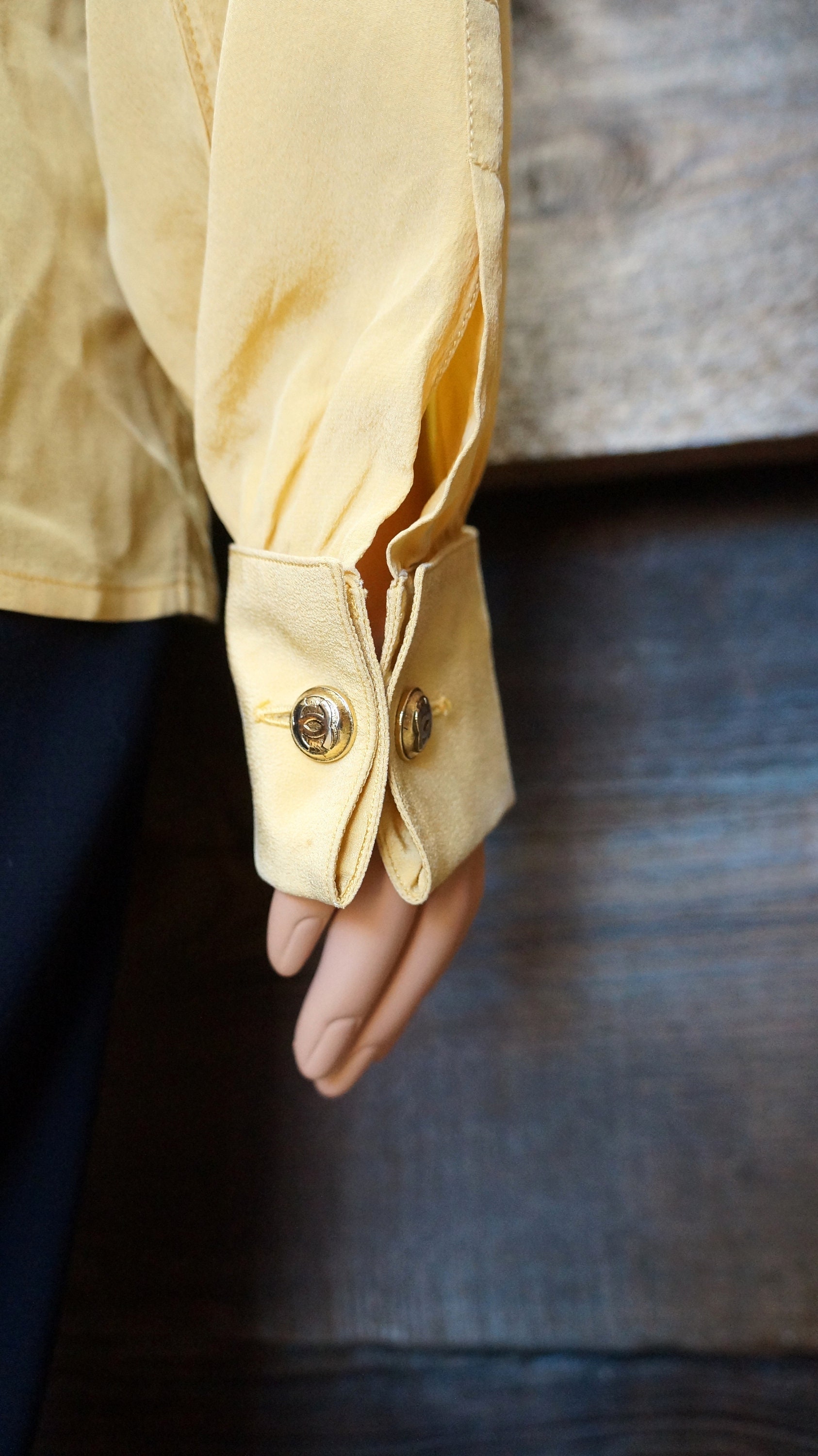 Vintage Chanel Blouse Silk Shirt Yellow Shirt Blouse Pleats 