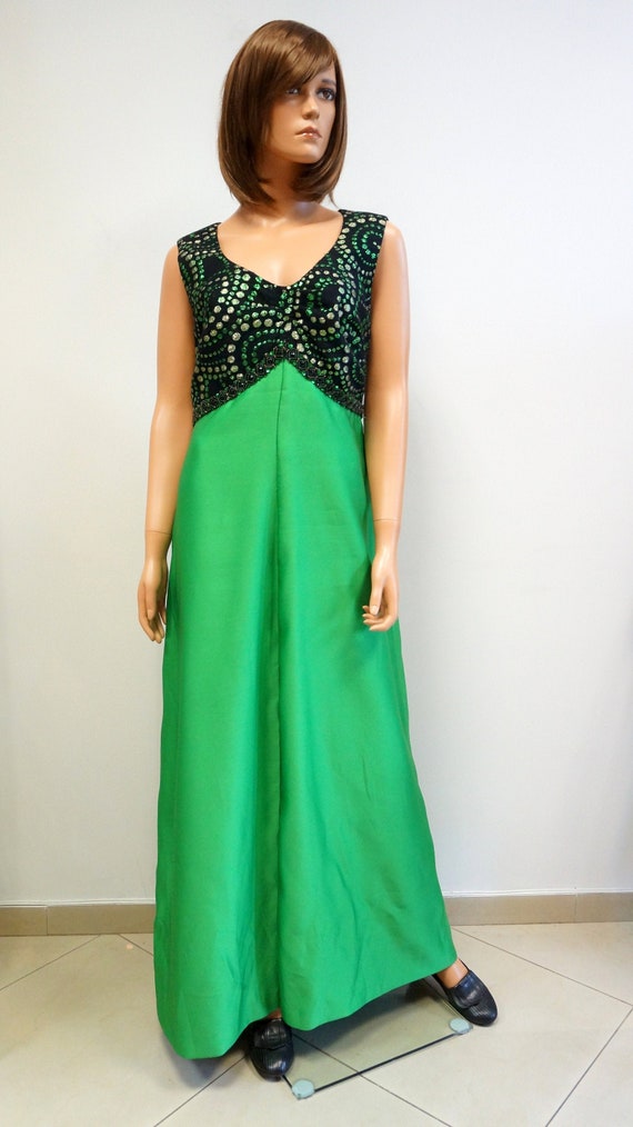 Trevira green gown dress, maxi dress green, shiny
