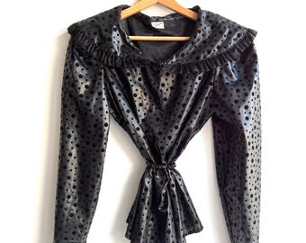 Black polka dot shirt 80s Italian Vintage Blouse Polka Dot Velvet Print, Retro Elegant Style lolita
