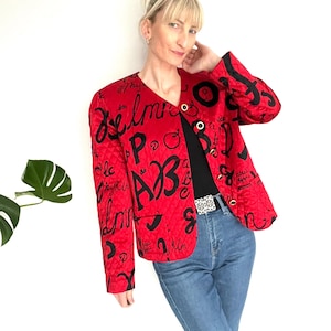 Vintage Louis Féraud Red Quilted Silk Blazer with Black Graffiti Print, Made in Germany
