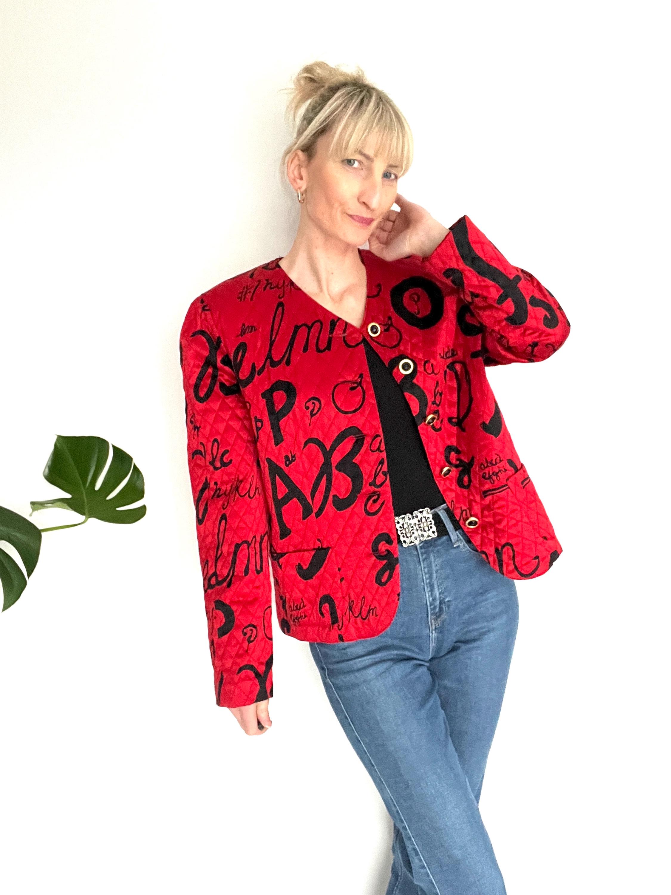 Vintage Louis Féraud Silk Blazer: Red Quilted Graffiti Print, Made