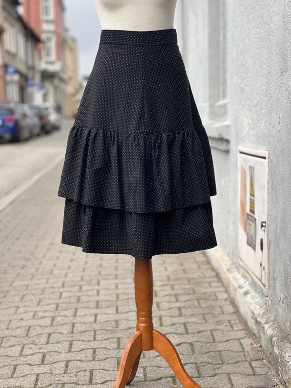 Handmade Vintage Wool Skirt – Black With Small White Dots, Over