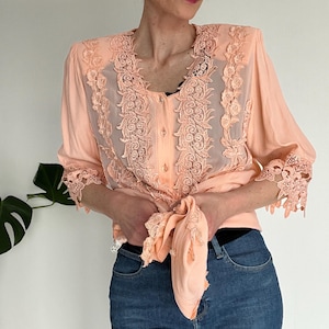 Vintage Coral-Orange Blouse – 80s/90s, Italian, Lace Details, Viscose