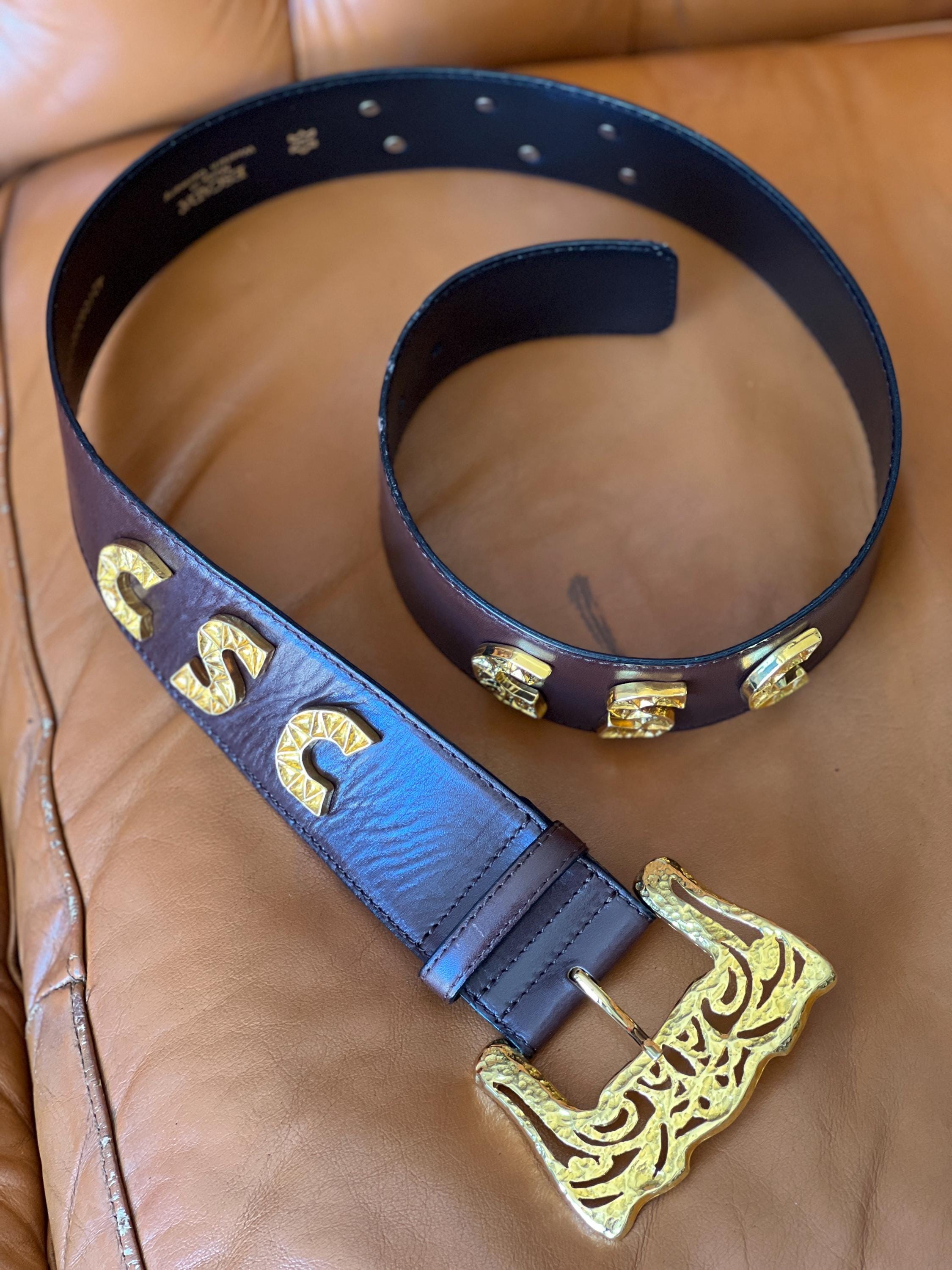 Vintage Escada Brown Leather Belt With Gold Buckle & Logo 