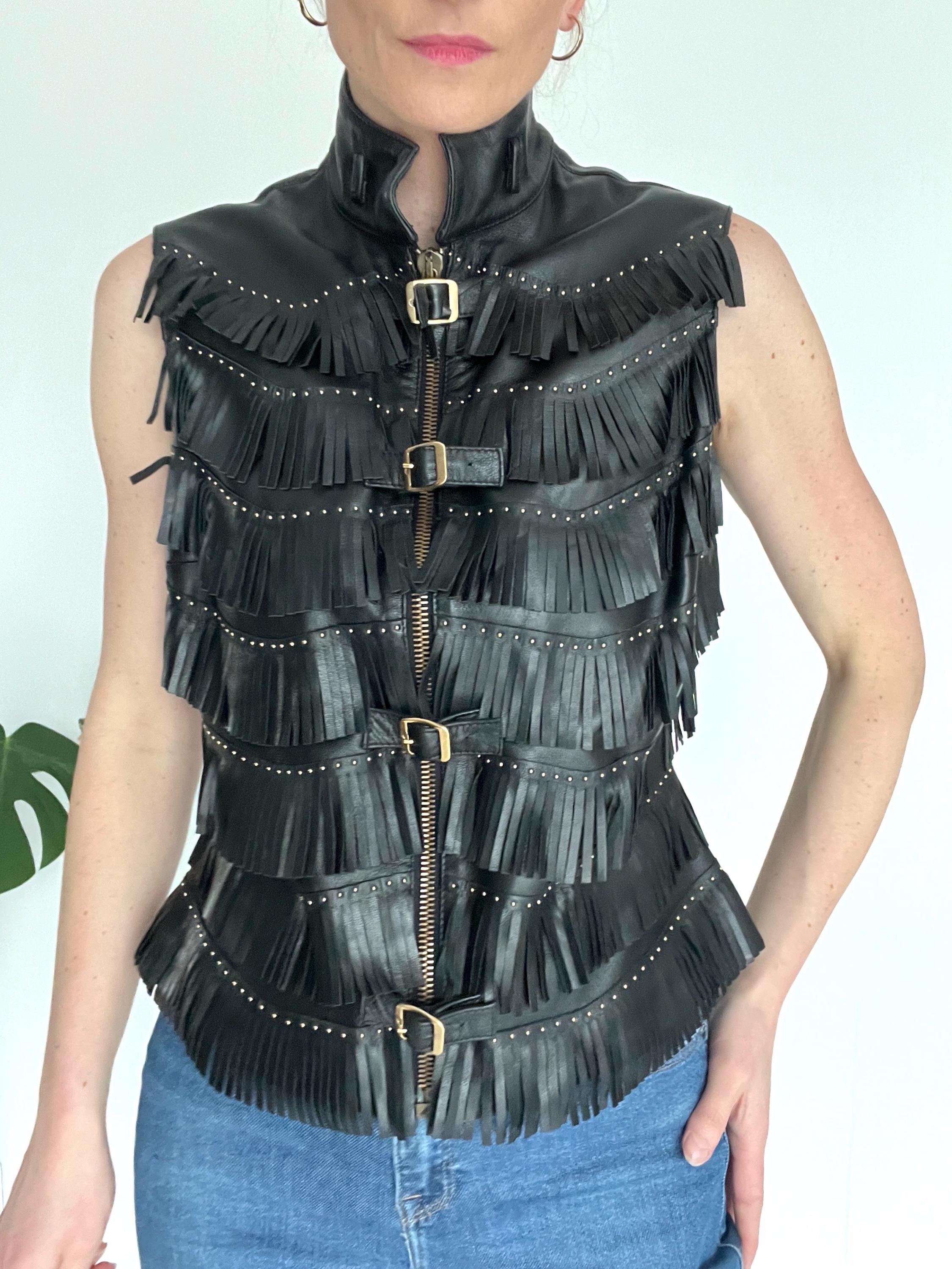 Vintage Versace Leather Fringe Vest: 90s Runway Gold Studs