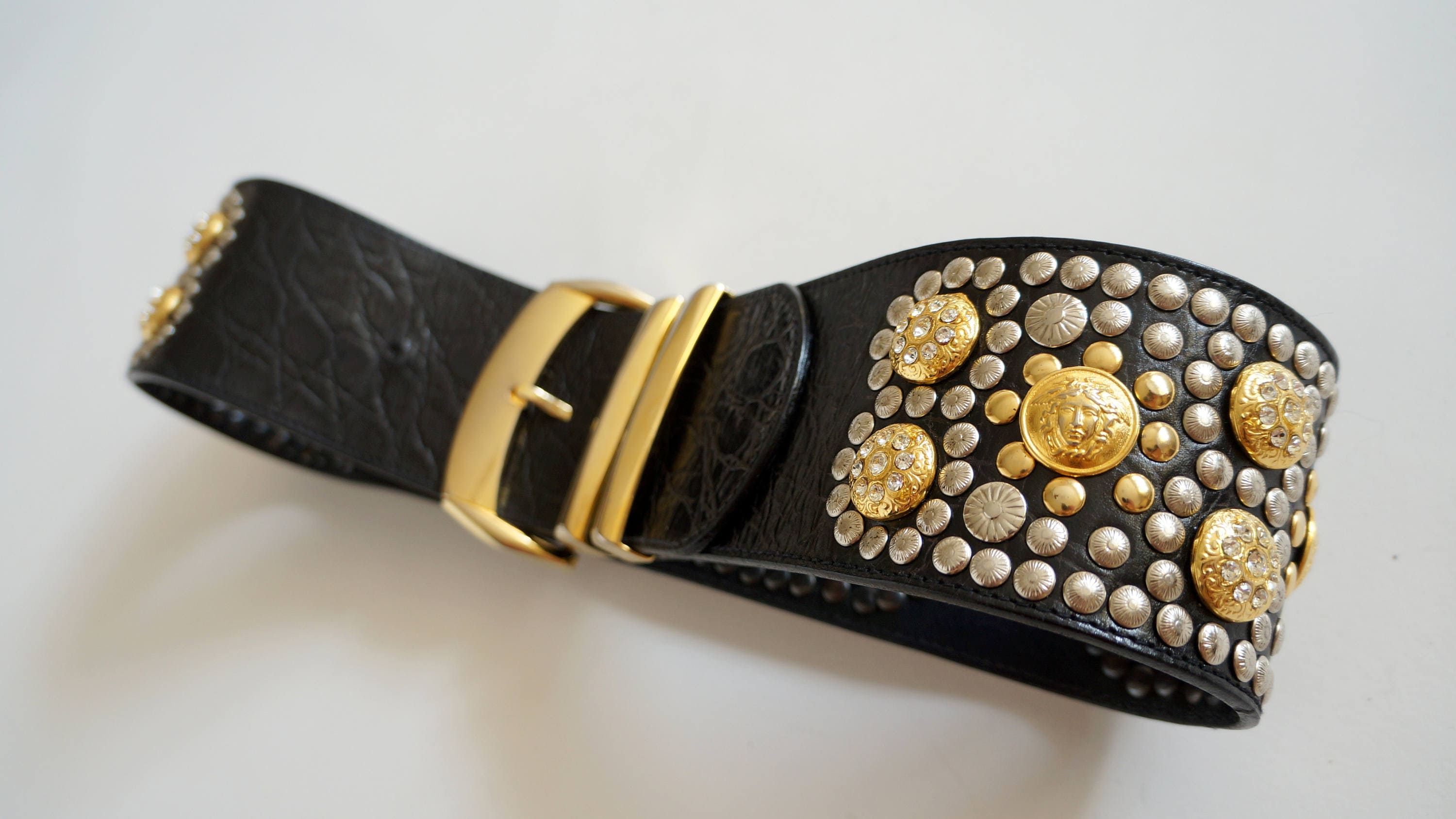 1980s Versace Red Leather Gold Medusa Metal Medallion Buckle Belt