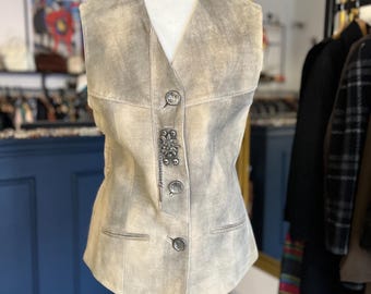 Vintage Italian Regional Vest with Edelweiss, Leather & Wool, Size L – XL
