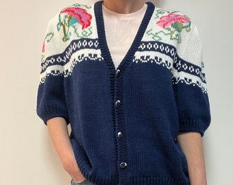 Handmade short-sleeved sweater, size L XL, cotton floral crochet blouse ladybird buttons, italian cotton sweater