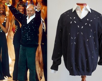 Kleding Dameskleding Sweaters Vesten Vintage Heren XL Gianni Versace Wol Gebreid vest Jasje 3/4 lengte zwart *lees 
