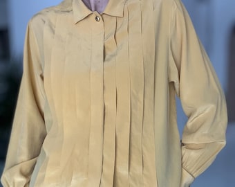 Vintage 80s Chanel Silk Blouse Yellow – Authentic French Designer Shirt with Pleated Collar – Size L XL – Luxury Retro Fashion
