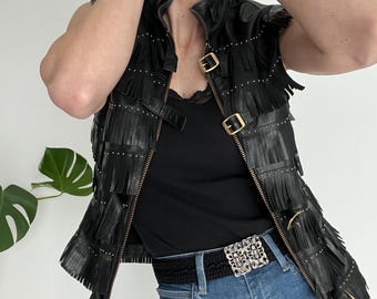Vintage Versace Leather Fringe Vest: 90s Runway Gold Studs