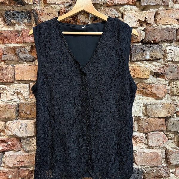 black lace vest blouse vintage 80s openwork vest pattern in black for her gift lace top blouse retro edwardian