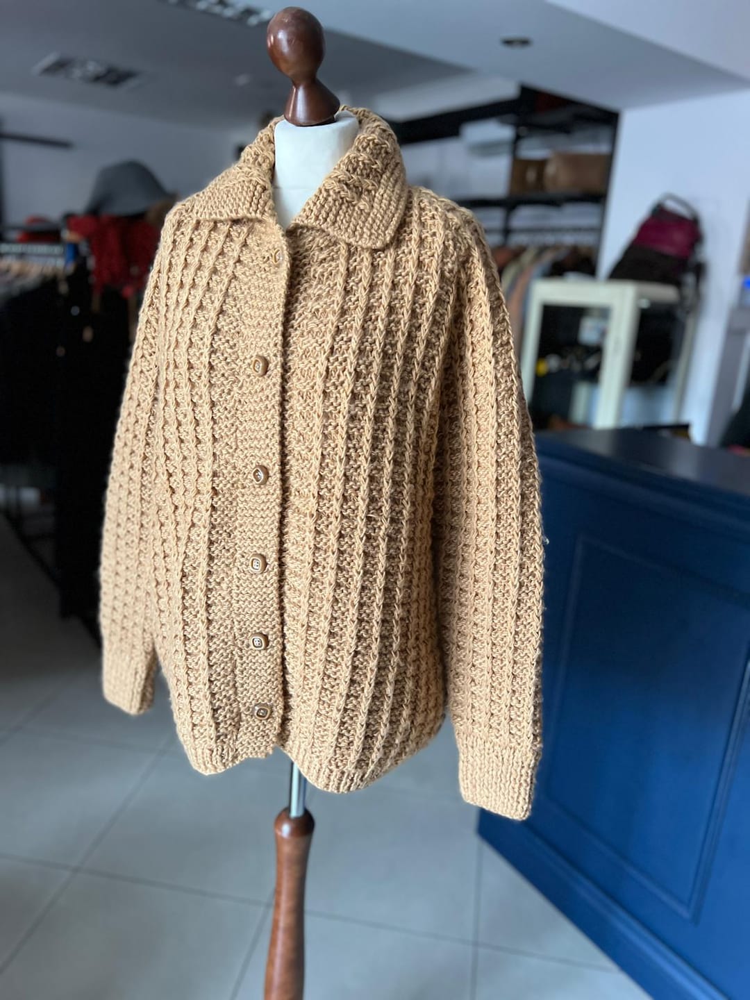 Wool Cardigan Sweater From 50s 60s Vintage, Beige Thick Wool