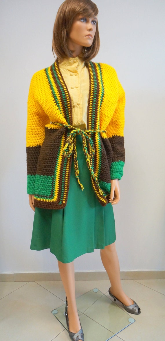 handmade knitted cardigan, yellow green belt cardi