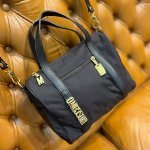 Moschino Boston bag, dark Brown handle bag with long belt, Moschino letters bag purse nylon