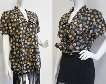 Renzo Berti blouse, cotton clocks print blouse, vintage clocks shirt blouse