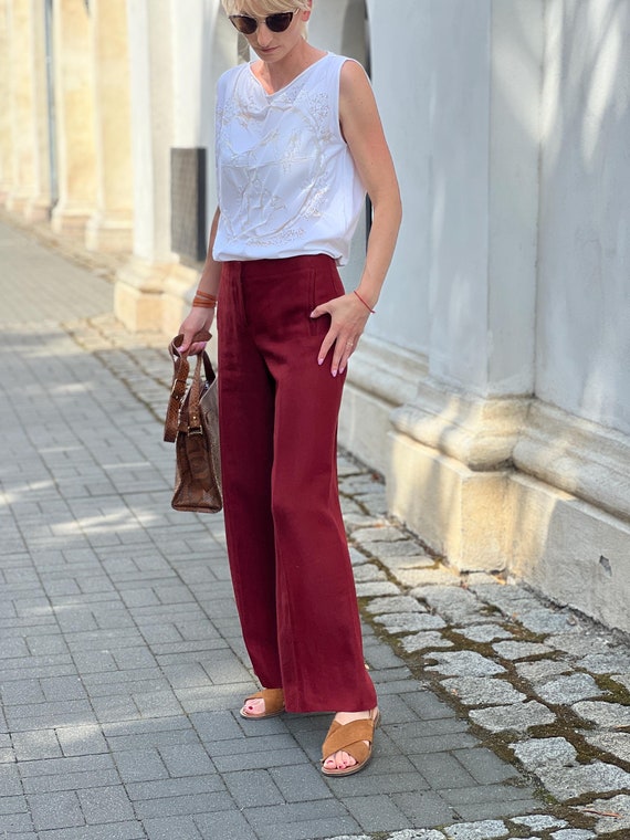 Hermes Linen Pants, Hermes Flax Lino Burgundy Summer Pants 