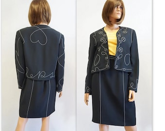 Falda de chaqueta Moschino set, vestido de traje de costura Moschino Barato Chic, talla mediana grande, blazer de falda negra