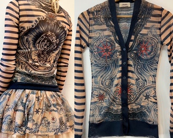 Jean Paul Gaultier mesh tattoo Gaultier by Lindex, button cardigan top blouse, JPG longsleeve small medium size