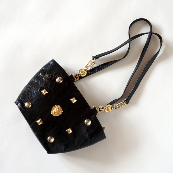 Bally vintage bag leather gold lion head gold hardvare crocodile leat in black gift for her