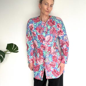 Vintage Linen Cotton Floral Blazer with Shoulder Pads, Small Size