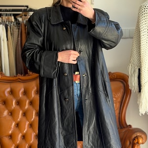 Vintage Black Leather Coat Minimalist Oversize Jacket Quiet Luxury 90s image 1