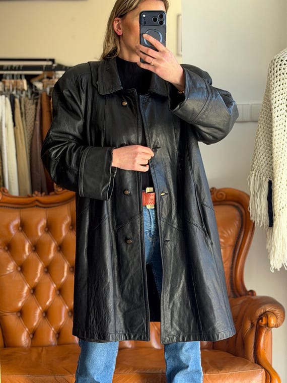 Vintage Black Leather Coat Minimalist Oversize Jacket Quiet Luxury 90s