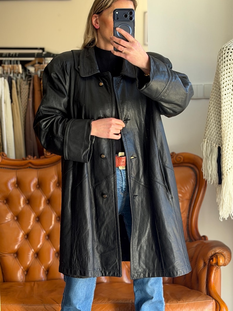 Vintage Black Leather Coat Minimalist Oversize Jacket Quiet Luxury 90s image 1