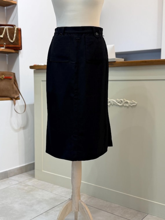 Courrèges, Vintage Courrèges Paris 100% Wool Black Midi Skirt French Designer High Waist Patch Pockets Made in France medium size