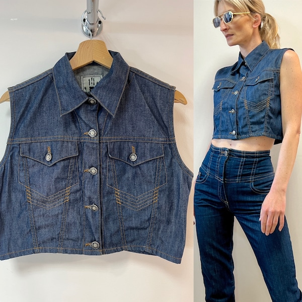 Jean Paul Gaultier denim vest, vintage JPG jeans vest blouse crop top Gaultier, medium large size