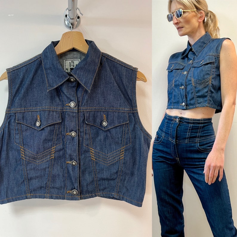 Jean Paul Gaultier denim vest, vintage JPG jeans vest blouse crop top Gaultier, medium large size image 1