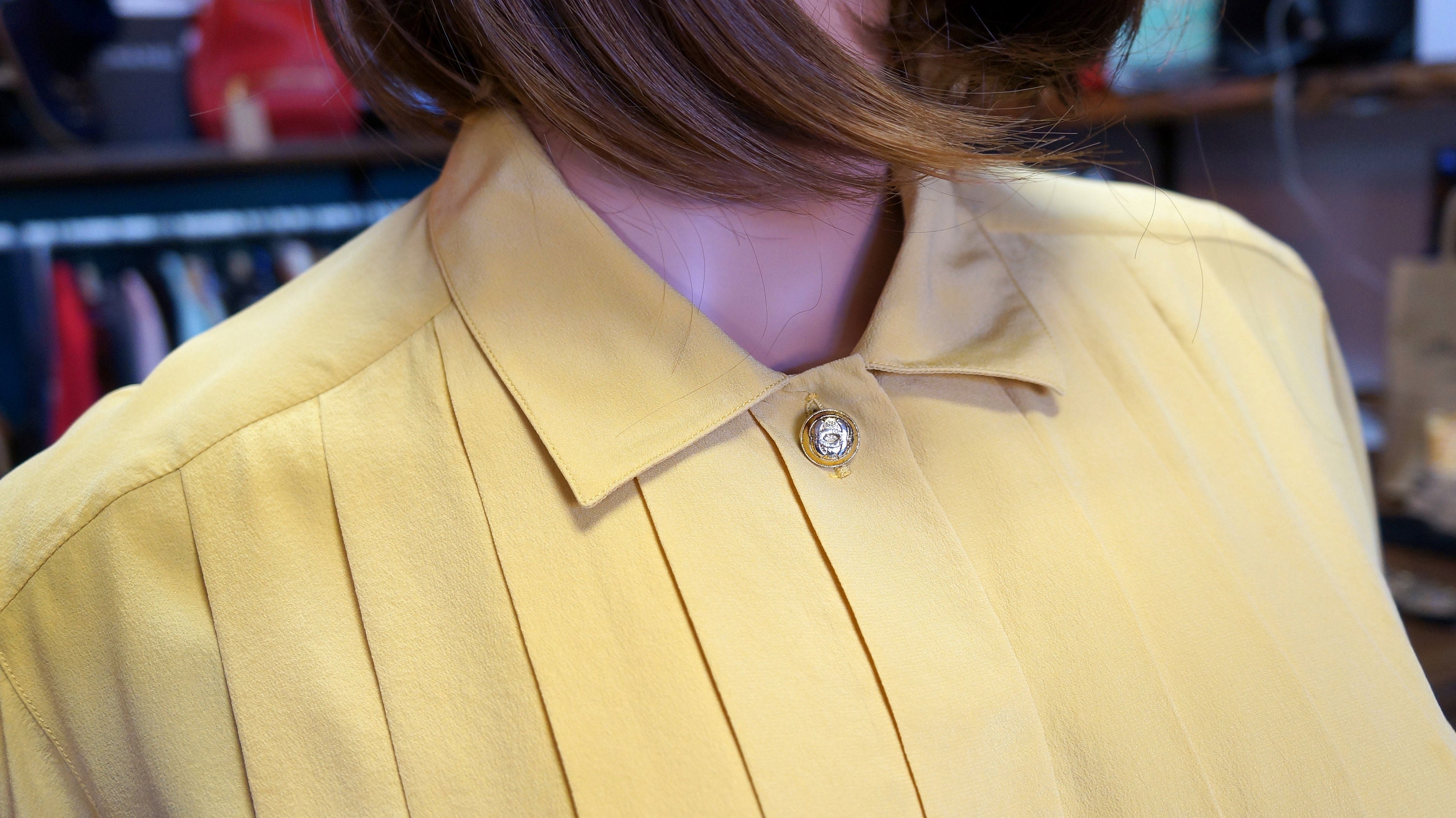 Vintage Chanel Blouse Silk Shirt Yellow Shirt Blouse Pleats 