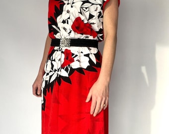 Vintage 80s Floral Red Midi Dress – Retro Polyester Summer, Size XL