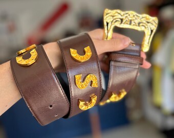 ESCADA Belt Size 12 42 Brown Patent Leather Gold Enamel  display picture 2