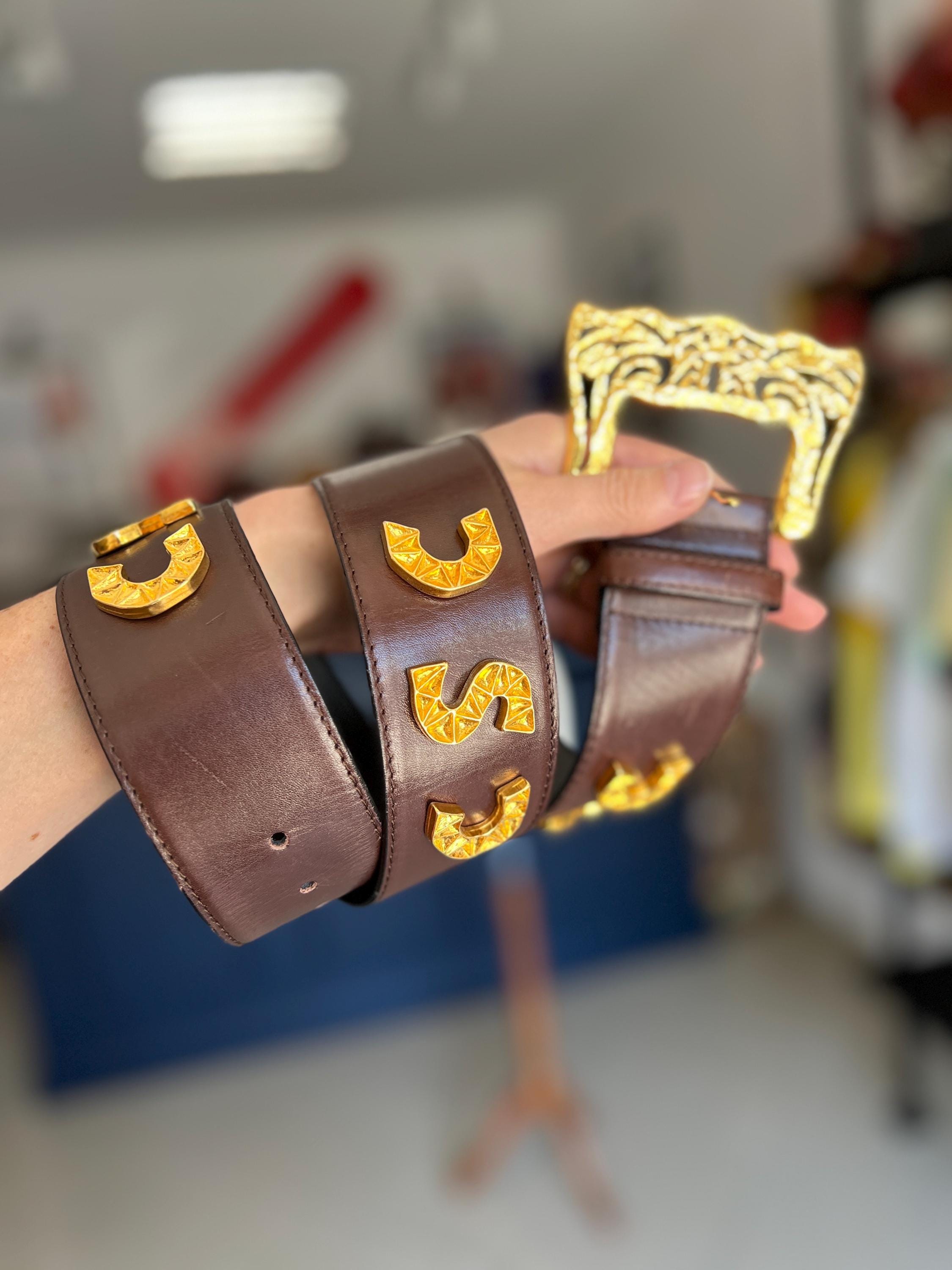 Vintage Escada Brown Leather Belt With Gold Buckle & Logo Detail