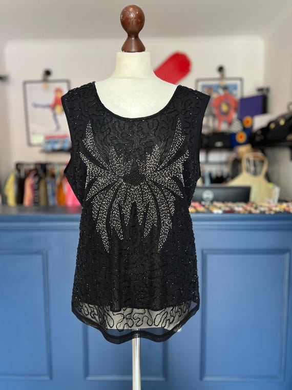 Vintage Beaded Party Top: Black Silver Sleeveless Blouse, XXL - Main Image