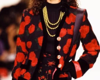 Jaqueta de lã Yves Saint Laurent com detalhes em veludo rosa vermelho, blazer floral vintage YSL