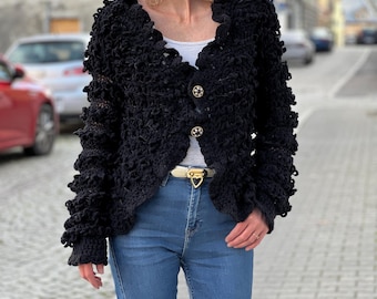 Vintage Black Openwork Wool Sweater – Hand Knit Cardigan with Decorative Buttons, M/L