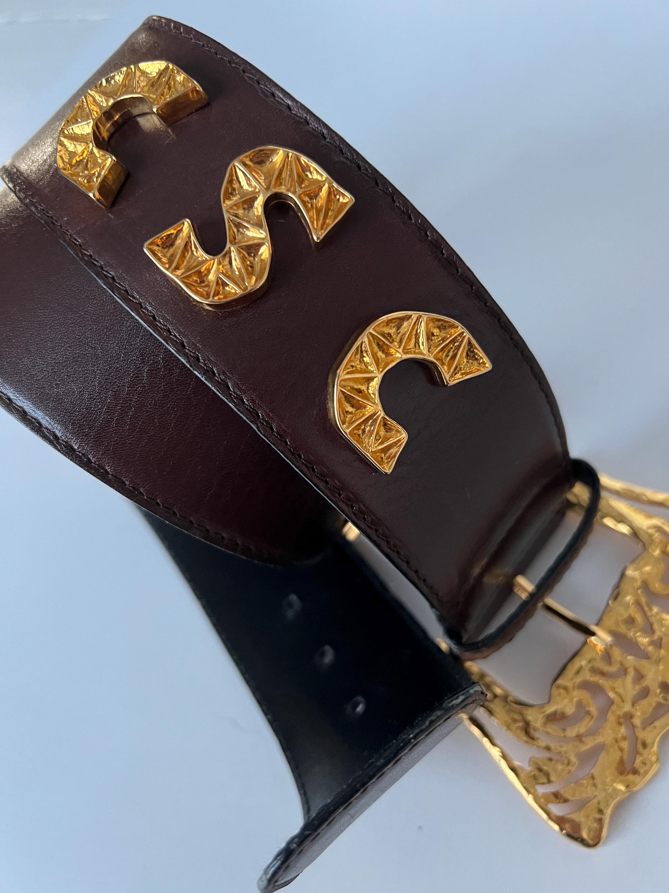 Vintage Escada Brown Leather Belt With Gold Buckle & Logo  display picture 2