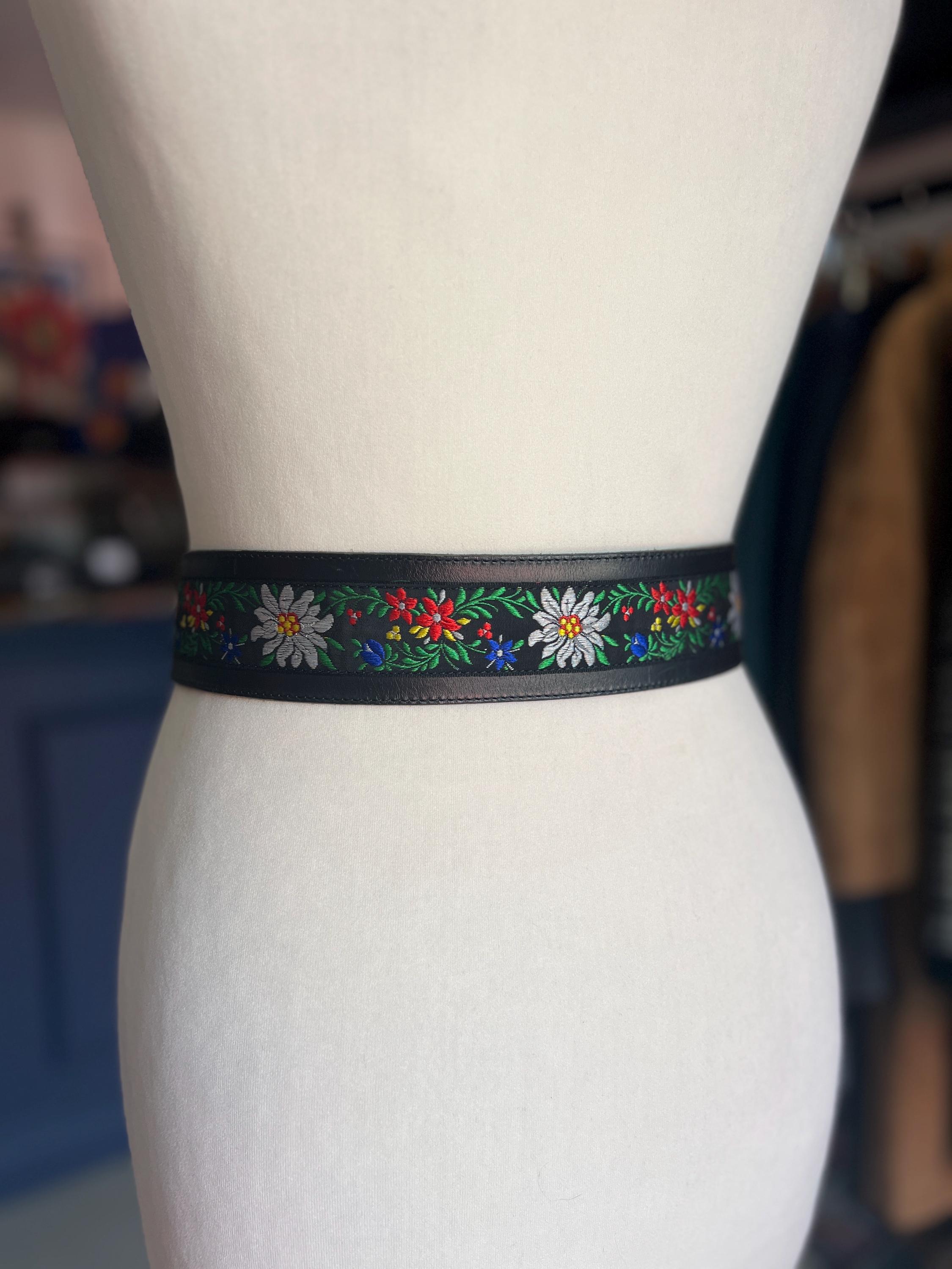 Vintage Kenzo Jeans Belt: Floral Leather Designer Belt, Made in